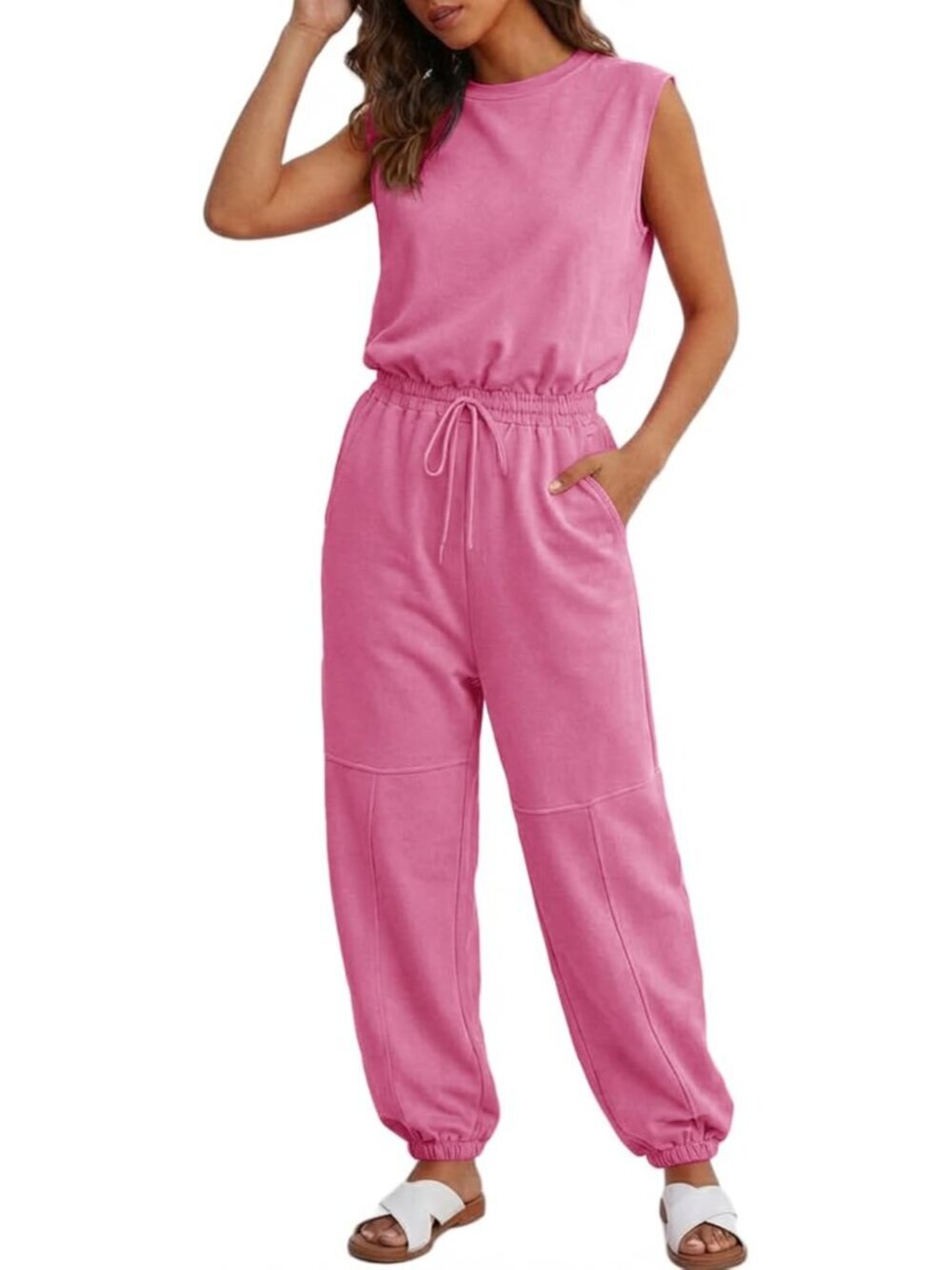 Women's Summer Long Jumpsuit Pink Round Neck Sleeveless Wide Leg with Pockets